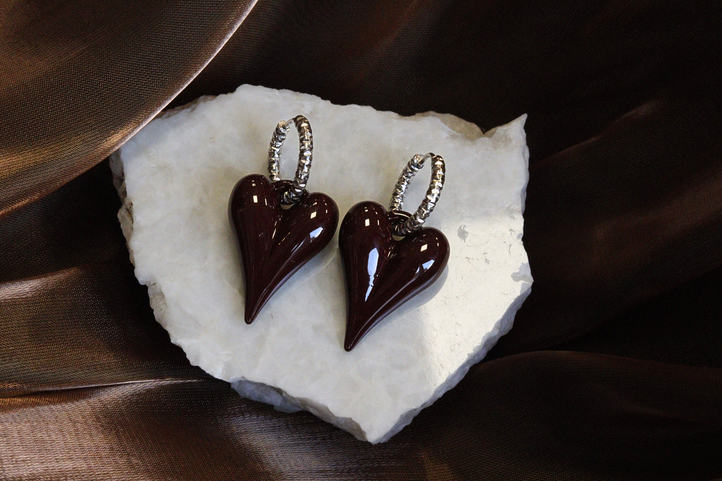 hart oorbel bordeaux zilver