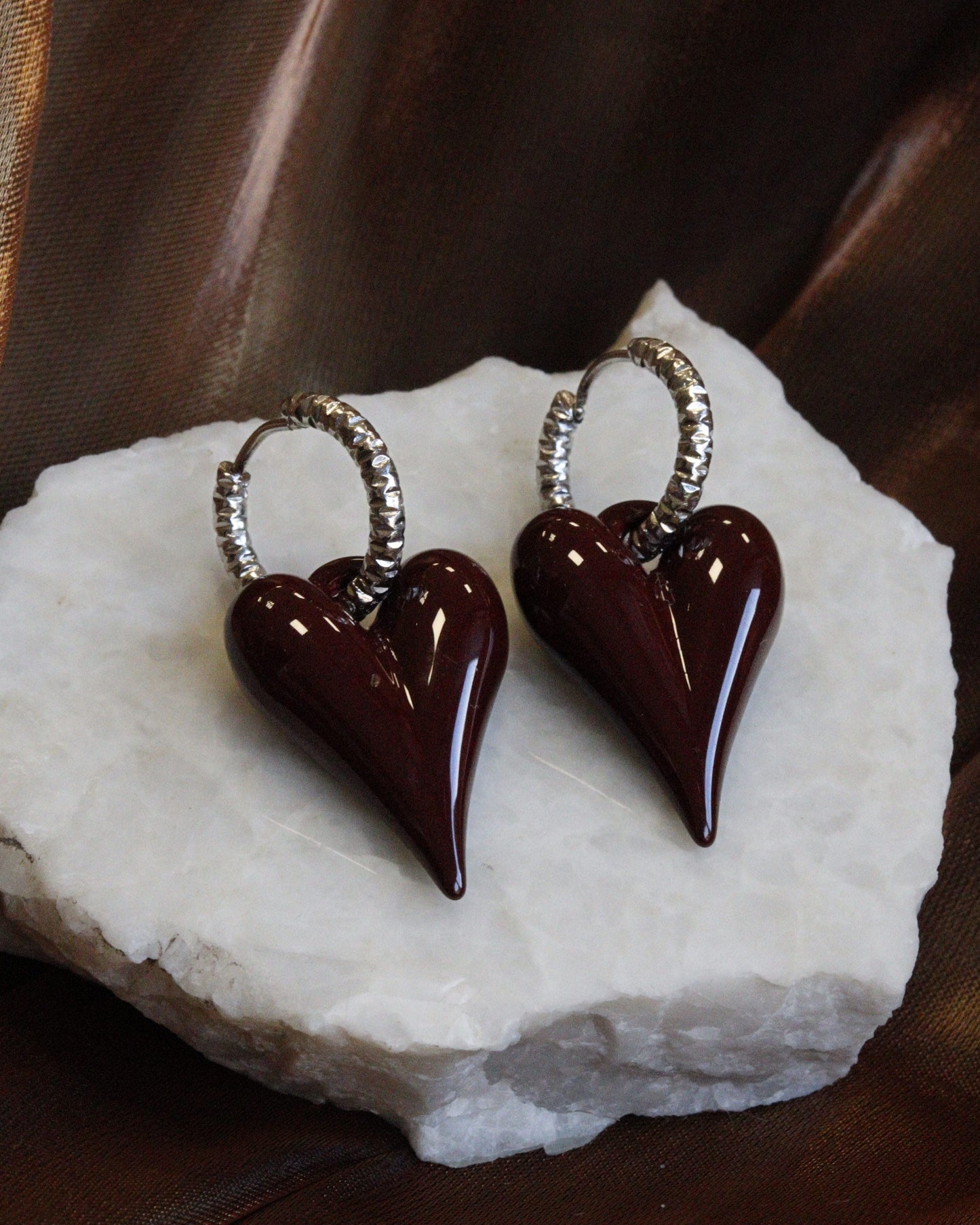 hart oorbel bordeaux zilver